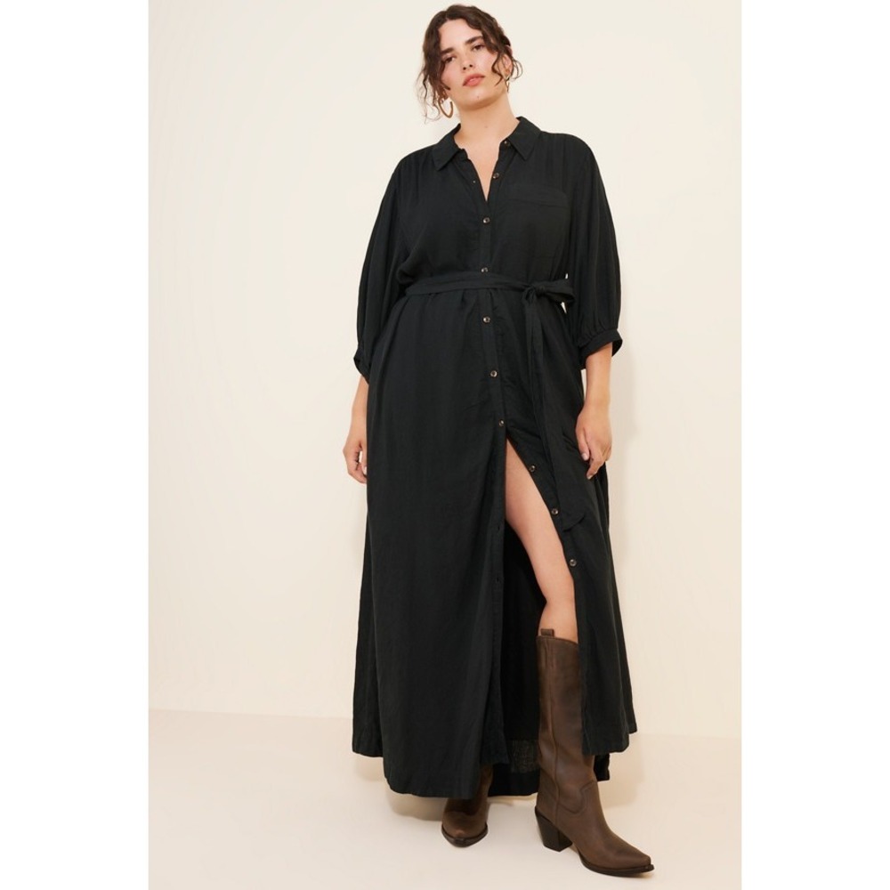 Maeve Anthropologie Black Linen Blend Puff Sleeve Belted Midi Shirt Dress LP